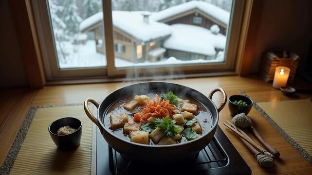 Olla caliente japonesa en caba&ntilde;a nevada con vista invernal