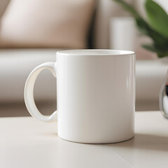 Fototapeta premium Blank white mug close up mockup on blur living room background.