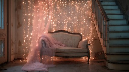 Soft pink and white fairy lights draped over a piece of furniture 