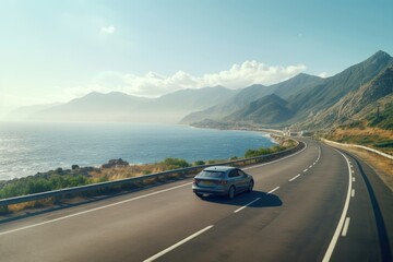 Fototapeta premium Car is driving on a scenic road landscape mountain vehicle.