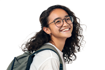 Portrait of a smiling young female student wearing glasses with backpack, isolated transparent background