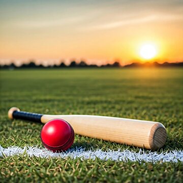 A rounders bat and ball lying on the grass beside a white chalk boundary line,  casual outdoor games.,court ,players, action ,scene, Outdoor ,game, Sport, ,outdoor, Recreation, Leisure, Fun, Active, H