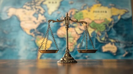 Antique Scales of Justice Resting on a Table with a Colorful World Map as Background, Symbolizing Fairness, Law, and Global Justice in a Professional Setting