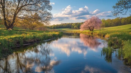 Fototapeta premium A tranquil river winds through a lush green valley, reflecting the pink blossoms of cherry trees and the fluffy clouds above. The scene captures the beauty of springtime serenity
