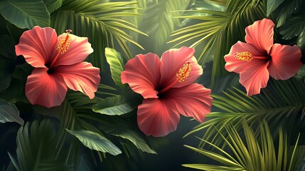 17. A tropical floral pattern with bright hibiscus flowers and green palm fronds