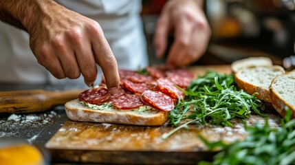 Chef Preparing Gourmet Sandwich with Salami Slices, Fresh Greens, and Rustic Bread on Wooden Cutting Board in a Cozy Kitchen Setting