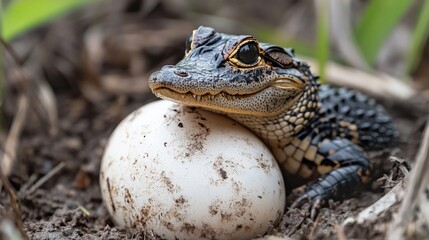 Close-Up of a Lizard Resting Its Head on an Egg Nestled in Natural Terrain, Capturing the Essence of Reptile Behavior in a Serene Outdoor Environment