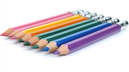 Fototapeta premium Colorful school supplies display of pencils and erasers classroom setting educational content vibrant viewpoint
