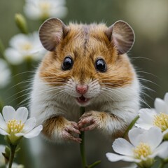 A dormouse peering out from behind a white flower petal, with its eyes wide and curious.