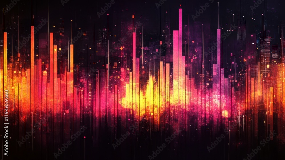 Wall mural dynamic sound wave patterns urban environment digital art abstract visualization nighttime viewpoint