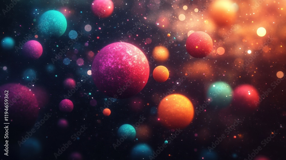 Sticker vibrant colorful spheres orbiting a central point digital art creation abstract space environment