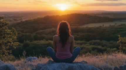Mixed Race Woman Relaxing Outdoors Breathing Fresh Air at Scenic Sunset