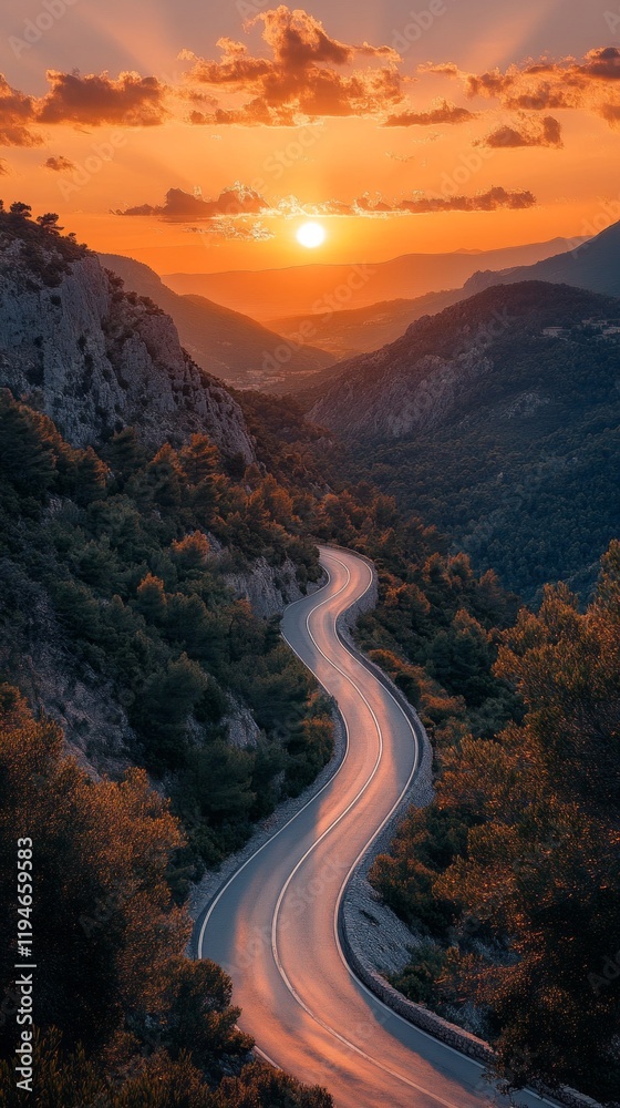Poster a serpentine road meanders through verdant hills, bathed in the warm glow of the setting sun. as day