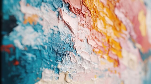 This abstract artwork features bold colors and thick textural layers that create depth and movement, inviting close examination