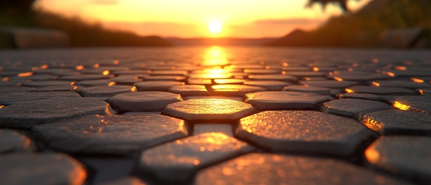 Sunset over a hexagon stone road.