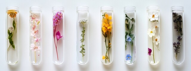 Exploring herbal beauty with test tubes filled with various herbs and flowers on a clean white background