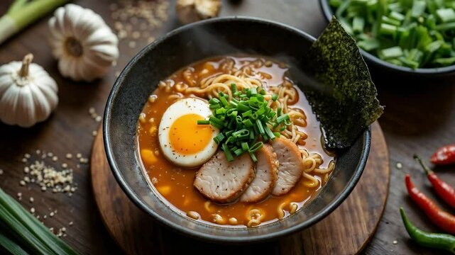 Ramen japon&eacute;s con huevo, cerdo y ceboll&iacute;n en caldo especiado