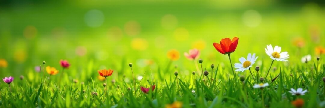 Green grassy field with bright colored wildflowers, flowers, garden
