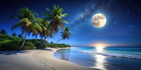 Serene Nighttime Beachscape with Palm Trees Under a Full Moon and Starry Sky