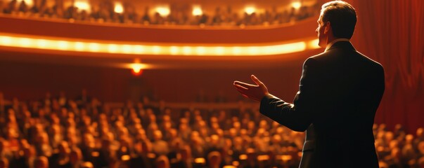 A business leader giving a motivational speech to an audience in a packed auditorium, 4k photo.