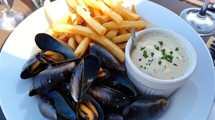 Delicious Mussels with French Fries and Creamy Sauce