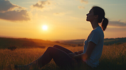 Mixed Race Woman Relaxing Outdoors Breathing Fresh Air at Scenic Sunset