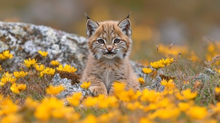 Fototapeta premium Adorable lynx kitten amidst yellow wildflowers, rocky outcrop background; wildlife, nature photography
