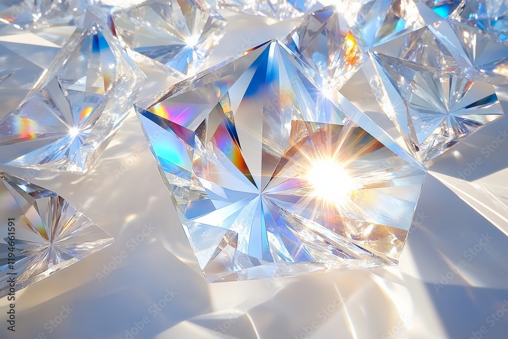 Poster a beautiful collection of intricately faceted crystals catches the light, dispersing it into a spect