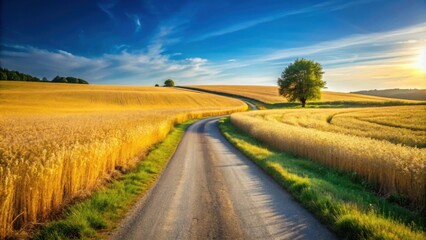 Serene Country Road Winding Through Golden Wheat Fields at Sunset