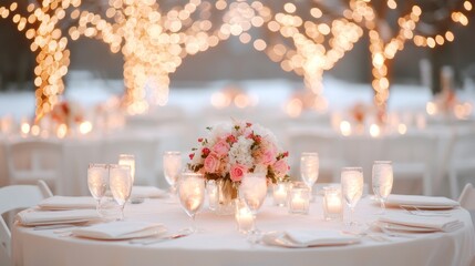 Romantic Winter Wedding Scene with Snow and Beautiful Fairy Lights in Background