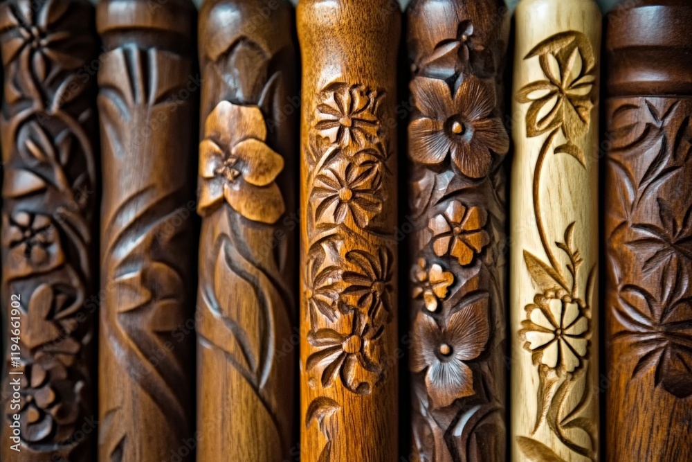 Poster this image features a selection of wooden walking sticks, each uniquely hand-carved with intricate f