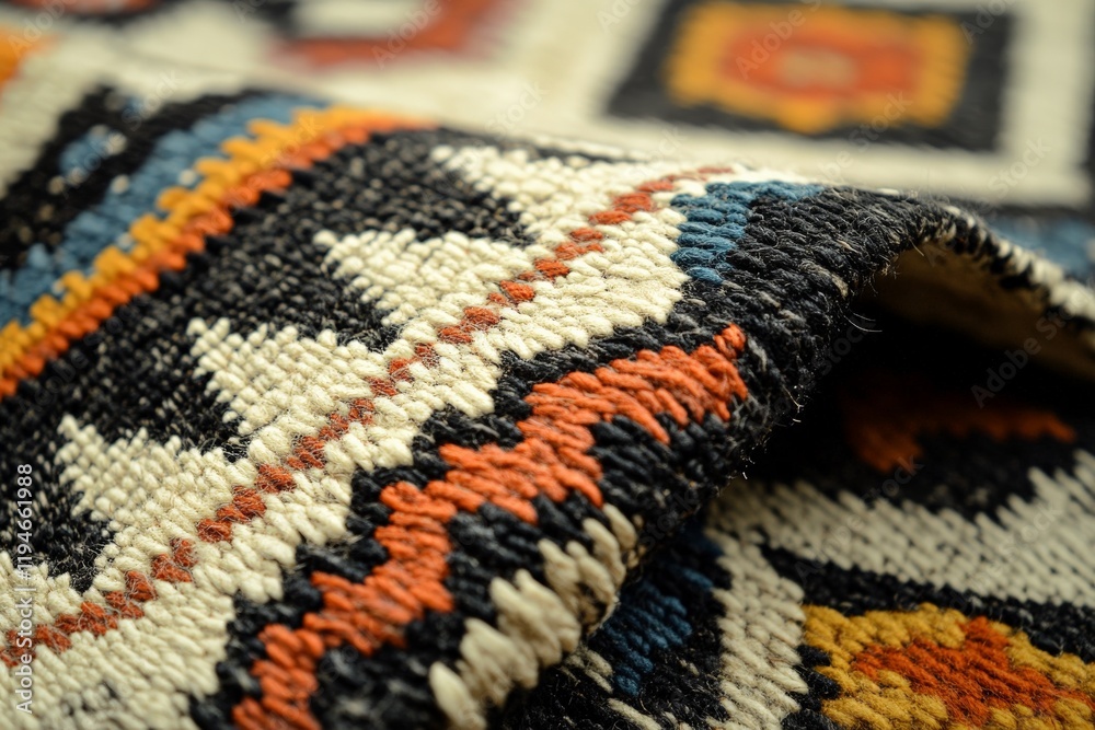 Poster close-up of colorful woven fabric showcasing bold geometric patterns, illustrating the vibrancy and 