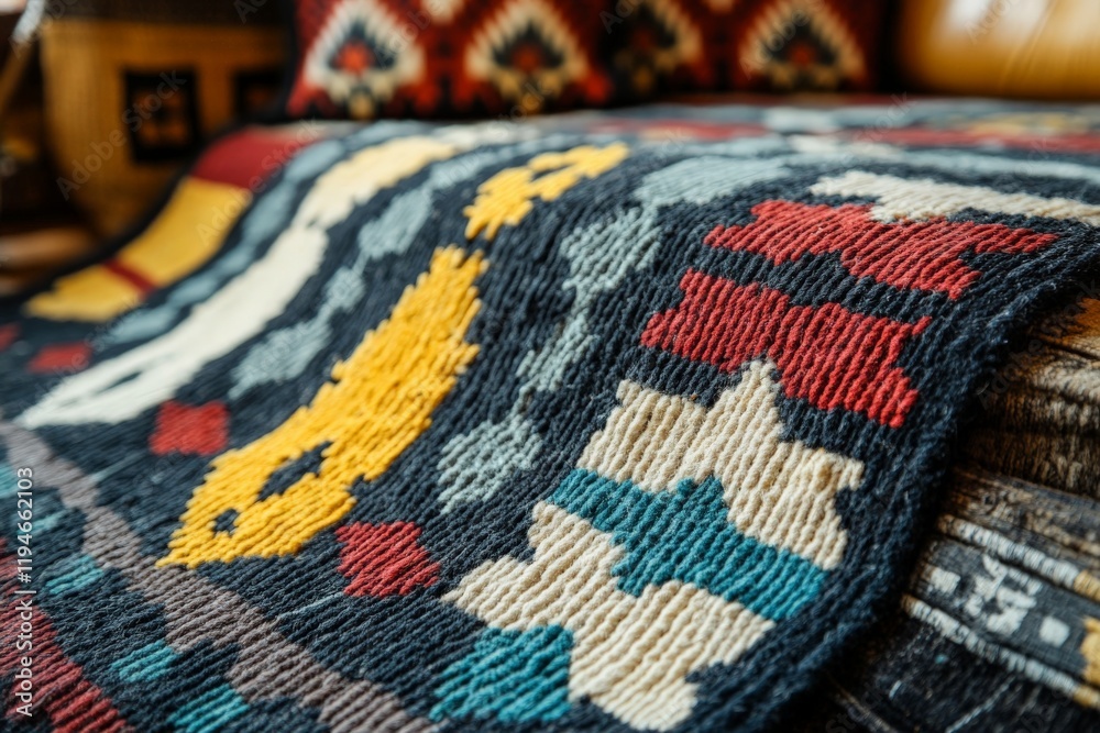 Poster Captivating close-up of a colorful rug featuring abstract and geometric ethnic patterns, embodying traditional craftsmanship and adding vibrancy to stylish interiors.