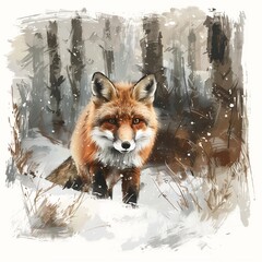A beautiful illustration of a red fox in a snowy forest, showcasing nature's charm and wildlife artistry.