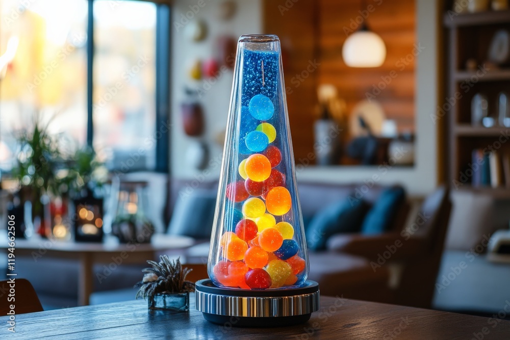 Aufkleber a vibrant glass sculpture with colorful orbs is placed on a modern table, creating a cheerful ambian