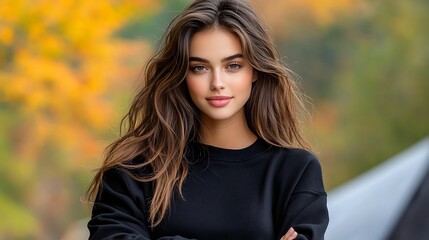 Fototapeta premium Elegant royal woman wearing a royal black sweater, with a blank Gildan sweatshirt mockup, set against a beautiful hiking and camping background. Ultra-realistic, Photo Realistic, highly detailed 