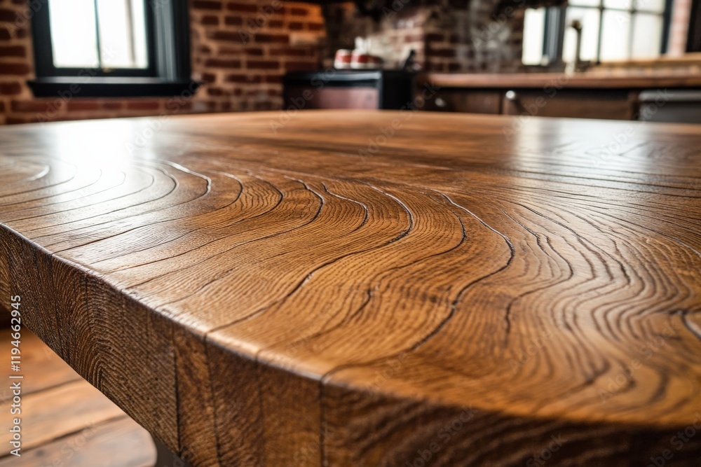 Poster A wooden table with a textured surface, showcasing natural waves and intricate grain patterns, evoking a sense of warmth and rustic charm in interior settings.