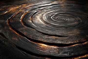 The image depicts spiral-shaped tree rings with dark and glowing highlights, emphasizing the intricate details and depth on a wood surface with abstract beauty.