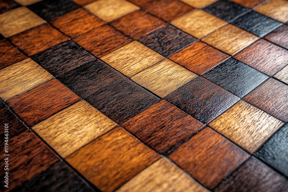 Poster this image displays a finely crafted checkerboard pattern in wood, enhanced by rich and earthy tones