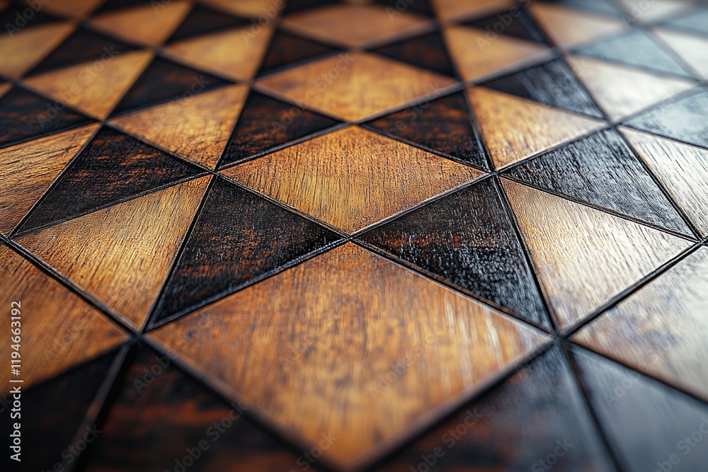 Fototapete close-up of triangular wooden tiles arranged in a dynamic geometric pattern. the contrast of colors 