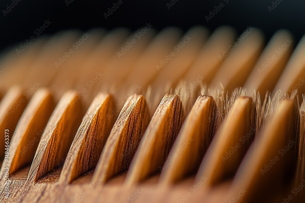 Poster this image shows a macro view of a finely crafted wooden comb, highlighting its detailed teeth and n