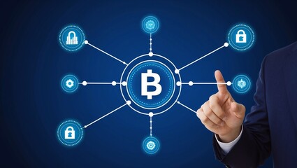 Dark blue background with connected lines and dots, symbolizing blockchain technology and secure digital networks.