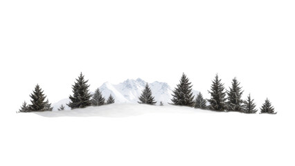 Snowy Mountain Range, Snow-covered mountains with evergreen trees on transparent background.
