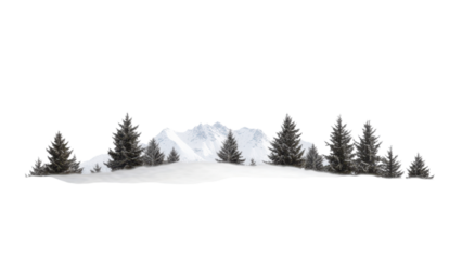 Snowy Mountain Range, Snow-covered mountains with evergreen trees on transparent background.