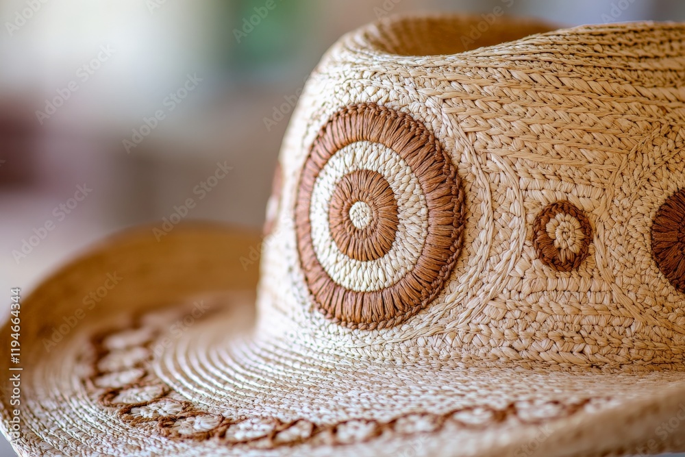 Poster a detailed close-up of a straw hat exhibiting ornate circles with varied patterns, emphasizing artis