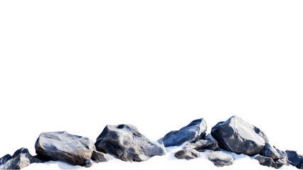 Snowy Mountain Range, Rocky formation on transparent background with snow at the base.