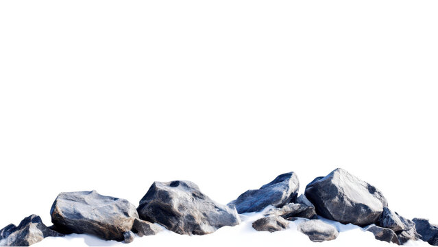 Snowy Mountain Range, Rocky formation on transparent background with snow at the base.
