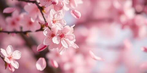Pink sakura petals gently falling against a soft-focus background, light, season