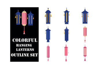 Chinese Traditiona Blue and Yellow Color Hanging Long Cylindrical Lanterns - Party, Festive, Holiday and Home Decorative  Vector arts