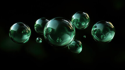 Naklejka premium Transparent green soap bubbles floating in the air with a dark background, creating a serene and calming atmosphere for artistic compositions